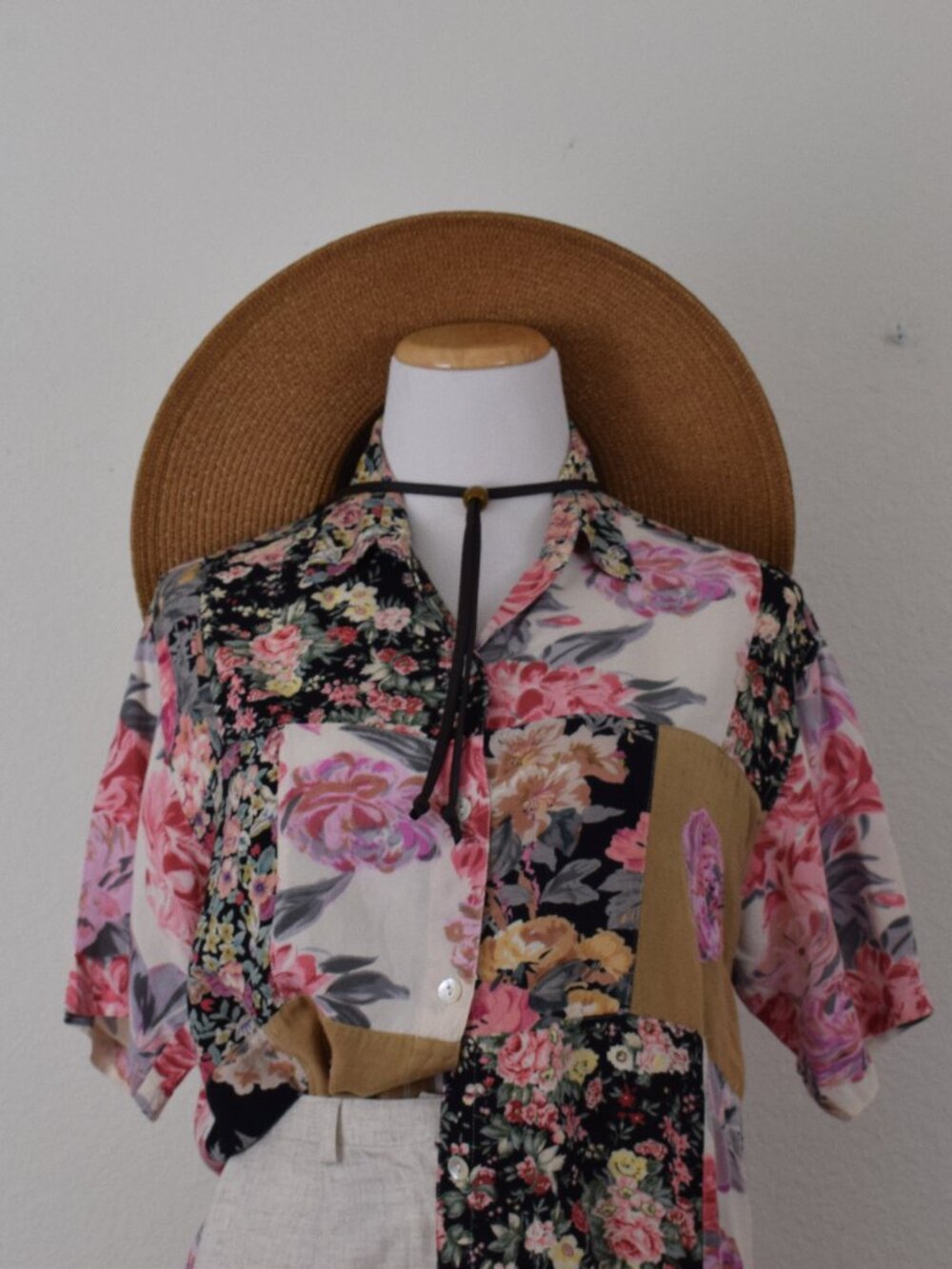 Vintage 90s Rayon Button-up Patchwork/ beaded Blouse by HG NY | size S